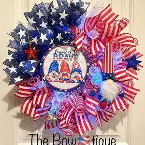 4th of July Handmade 22 in Wreath Patriotic Gnome LED Lighted #W5